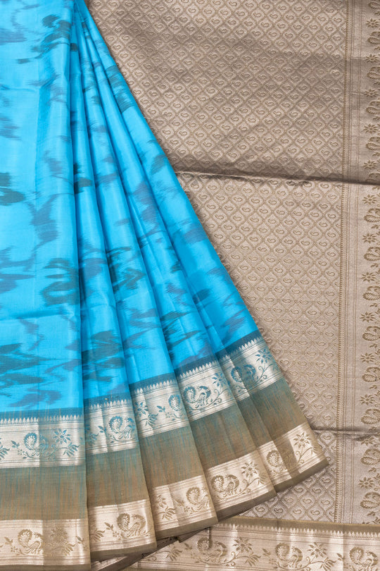 Cyan Blue Ikat Kanjivaram silk saree